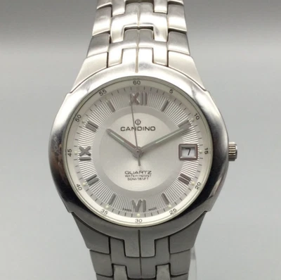 Швейцарские мужские часы Candino 37 мм серебристые дата новый аккумулятор 7,5 дюйма - Изображение 1 из 4