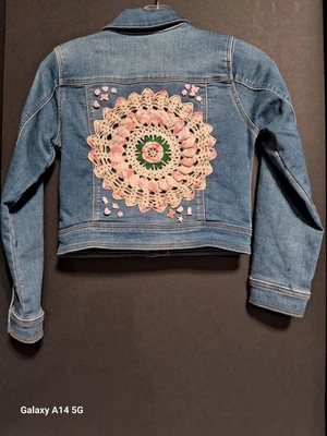 Cat & Jack Denim Jacket Girls Kids Medium (8) Blue Long Sleeve Crochet Decorated - Image 1 of 4