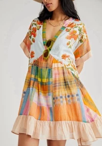 Free People Agnes Minikleid XS Boho Blumen kariert Patchwork Baumwolle Modal gefüttert - Bild 1 von 9