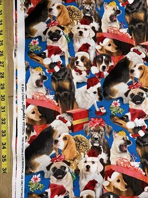 Christmas Dogs Pictures Elizabeth’s Studio Cotton Fabric 1/2 Yard New - Image 1 of 3