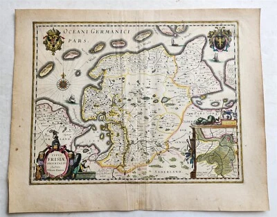 1640 MAP of GERMANY OSTFRIESLAND by WILLEM BLAEU antique AUTHENTIC hand colored - Image 1 of 4