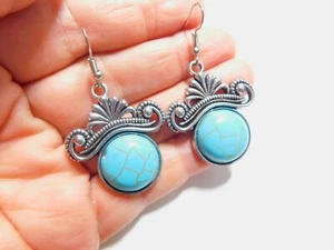 Pendientes colgantes vintage de metal tono plata turquesa - Imagen 1 de 5