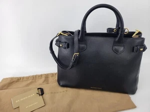 BURBERRY Check Derby Black Leather Medium Banner Tote w/ strap & dust bag - Picture 1 of 11