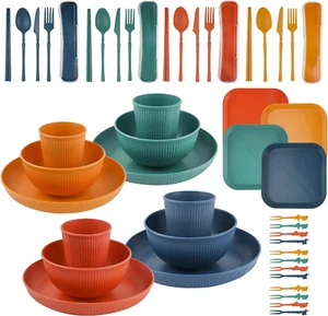 48Pcs Wheat Straw Dinnerware Sets, Unbreakable Plastic Plates and Bowls Sets - Picture 1 of 12