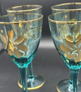 Romanian 1960s Teal Glasses 22 KT Gold Rim Flower Gilt Set OF 6 Apéritif Pretty! - Picture 1 of 16
