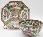 Antique 19th Century Chinese Export Famille Rose Medallion Teacup Hexagon Saucer