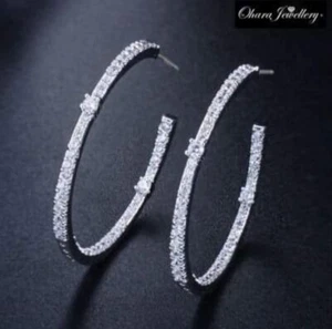 18K White Gold Plated Large Round Oval Hoop Bling Cubic Zirconia Pave Earrings - Picture 1 of 2