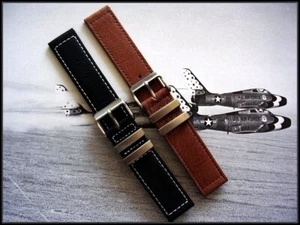 16mm Negro Genuino Piel de Cerdo Correa de Reloj Años 50 Estilo Retro IW SUISSE 18 20mm - Imagen 1 de 9