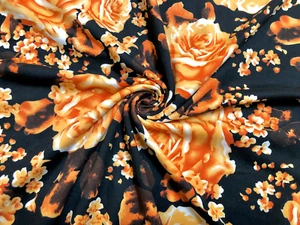 DTY gebürsteter Stoff-schwarz gold orange geblümt Rosen-DTYBPR303-Werftware-Je - Bild 1 von 5
