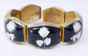 Black Stretch Bracelet Rose Motif Seven Panel Retro Mid Century Costume - Picture 1 of 4
