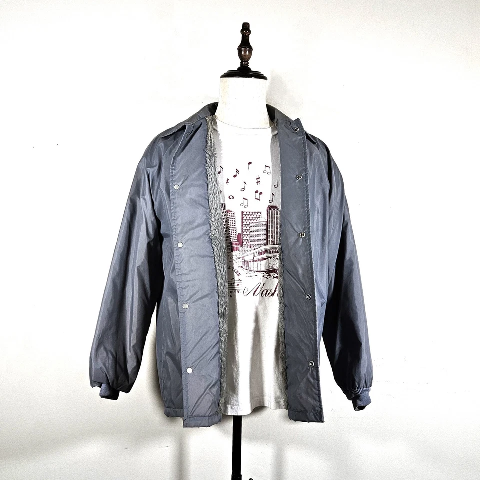 Vintage Sherpa Lined Coach Jacket Vtg 80s 90s Blank Gray Faux Fur Coat USA Large - Image 1 of 4