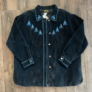 Giacca country nuova con etichette rara Bob Mackie indossabile arte pelle nera frange western 1X - Foto 1 di 18