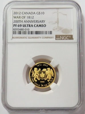 2012 GOLD 1997 MINTED CANADA $10 WAR OF 1812 ANNIVERSARY 1/4oz NGC PROOF 69 UC - Image 1 of 2