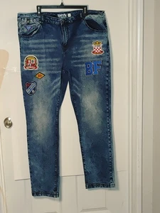 Born Fly Men's 44x32 Denim Patch Logo Jeans Slim Fit-Straight Leg Medium Wash  - Picture 1 of 12