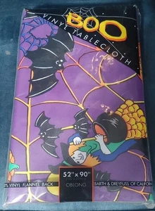 Vintage BOO Vinyl Flannel Back Tablecloth Halloween Theme 52x90 Bat Pumpkin NOS - Picture 1 of 8