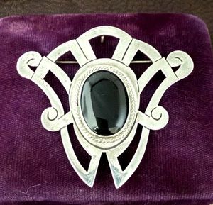 Vintage Mexican Large Sterling Cut Work Bezel Set Onyx Brooch Pendant BVA TV-76 - Picture 1 of 9