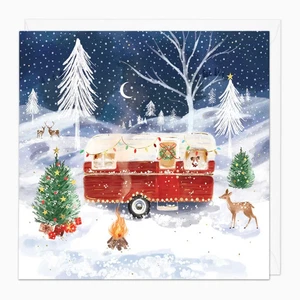 Whistlefish Christmas Card Camping Caravan Hideaway Snow Jack Russell Deer Trees - Picture 1 of 1