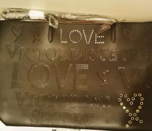 Victoria's Secret Love Black & Gold Perforated With Grommets Shoulder Tote Bag - Picture 1 of 4