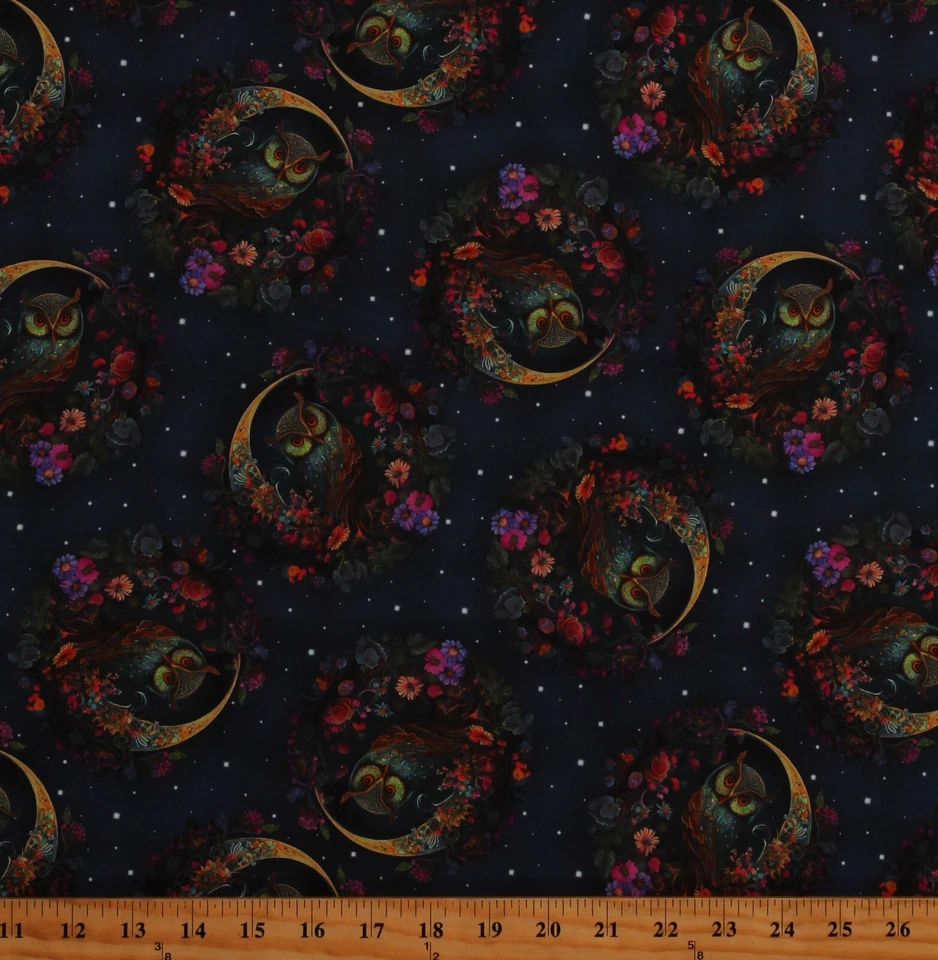 Algodón Búhos Animales Pájaros Árboles Cielo Nocturno Tela Estampado por Yarda D650.30 Foto 1 de 1