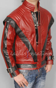 Michael Jackson Thriller MJ Red Real Leather Jacket Halloween Costume Cosplay 
