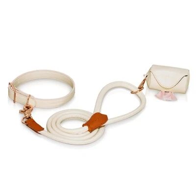 Max and Blu Walk Set | Dog Collar, Lead and Poop Bag Holder. Beige Neutral/Cream - Image 1 of 4