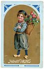  Carte postale vintage souhaits chaleureux garçon néerlandais avec un sac à dos plein de tulipes