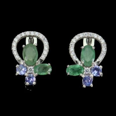 Sommer 925 Silber Ohrringe Oval Smaragd 6x4mm Tansanit Natürlicher Edelstein - Bild 1 von 4