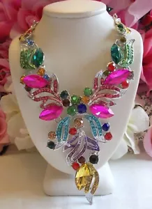 BETSEY JOHNSON SHIMMERING MULTI COLOR LEAVES BIB NECKLACE & EARRINGS - Picture 1 of 12