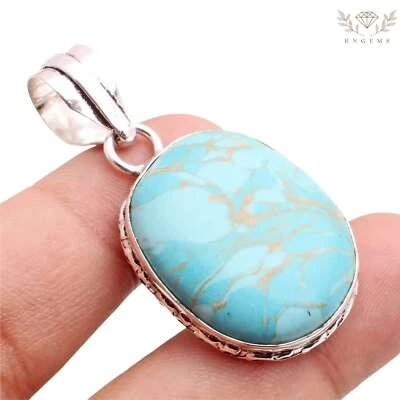 Rame Turchese Gemma Ciondolo Placcato Argento Handmade Gioielli Regalo 3.3cm - Immagine 1 di 3