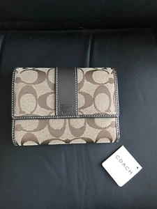 Authentic Coach Brown Logo Jacquard & Leather Card Coin Cash Wallet Tri Fold- EO - Picture 1 of 3