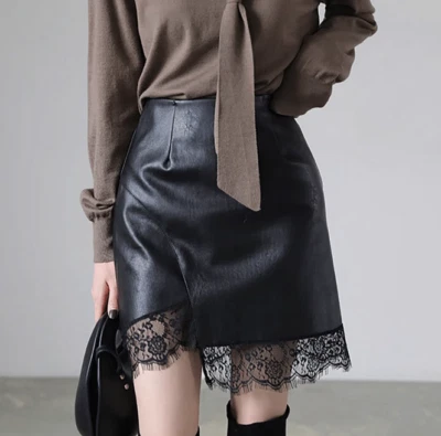 Falda corta delgada cintura alta de encaje negra con empalme de cuero PU para mujer Foto 1 de 4