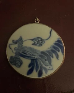 Vtg Chinese 925 Sterling Silver Ceramic Shard Dragon Pendant Wax Type SealOnBack - Picture 1 of 4