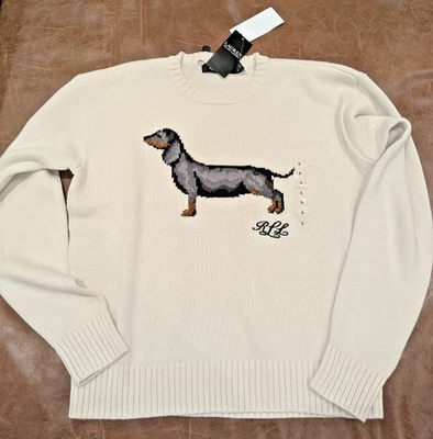 Ralph Lauren Dachshund/Dog Print 100% Cotton Long Sleeve Sweater in Cream Color - Image 1 of 2