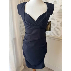 Abito da cocktail nero nuovo con etichette Nicole Miller taglia 6 Sweetheart scollo quadrato increspato - Foto 1 di 6