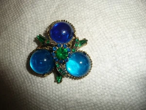 AS IS 3 LEAF CLOVER LRG BLUE & GREEN STONE 1 3/4'' X 2'' BROUCH PIN #12/1 - Picture 1 of 7