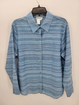 Coldwater Creek Top 女式 XL 蓝色色调纹理条纹长袖纽扣 — 第 1/4 张图片