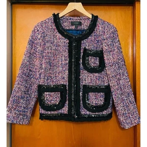 J. Crew Lady Jacket Multicolor Tweed Black Trim Size 2 Blazer - Foto 1 di 9