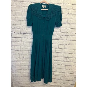 Karin Stevens Vintage Dress Button Front Lace Collar Green Size 10 - Picture 1 of 6