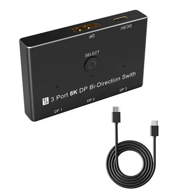 8K DisplayPort Splitter 3 in 1 Out 1 in 3 out 3x1 1x3 Display Port Adapter - Bild 1 von 4