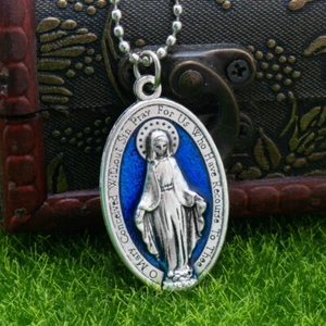 Grande 1 3/4 "Medalla Milagrosa Azul Virgen María Colgante Collar 24" Cadena - Imagen 1 de 9