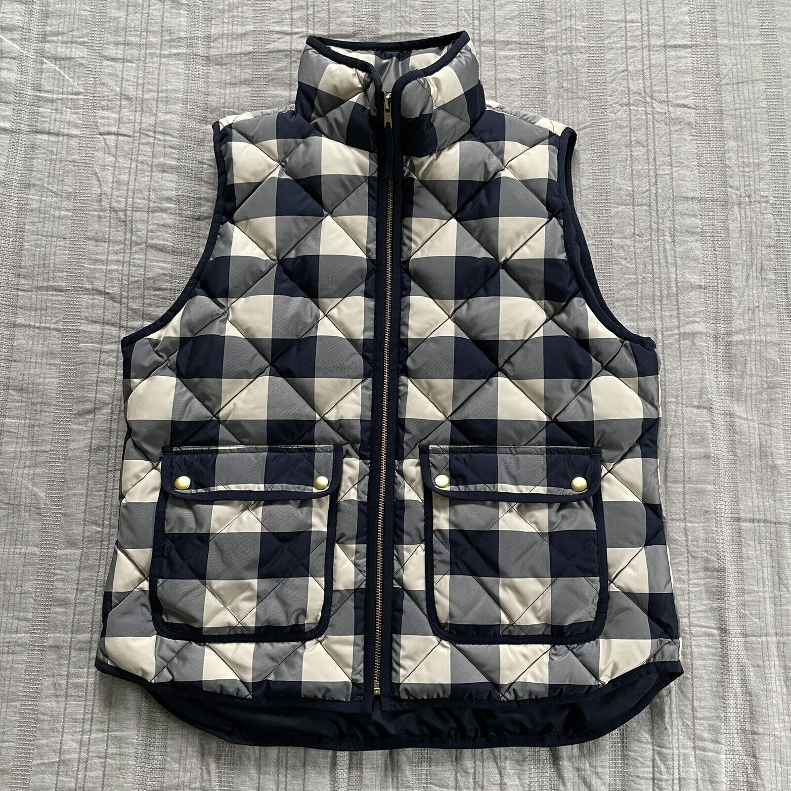 J. Crew Women's Excursion Quilted Vest Full Zip Down Blue & Ivory 