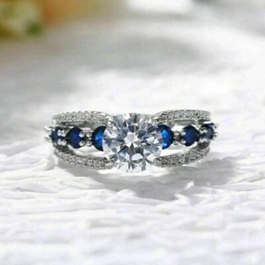 2.00 Ct Round Cut Simulated Sapphire Women's Engagement Ring 14k White Gold Over - Picture 1 of 9