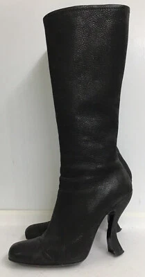 Bota Prada Vintage Hasta la Rodilla Cuero Guijarro Negro Tacón Curvo Cuadrado Puntera 39 Foto 1 de 4