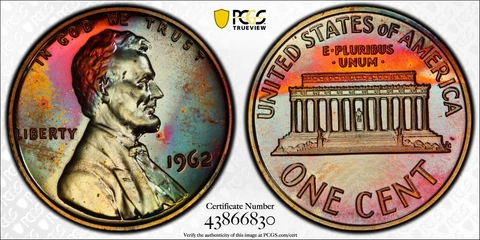 Patriot Toned 1962 Proof Lincoln Memorial Cent PCGS PR66 BN Red White Blue Color Cover
