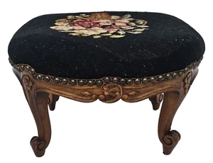 Antique 1930s French Louis XV Footstool – Carved Wood Cabriole Legs Needlepoint - Picture 1 of 19