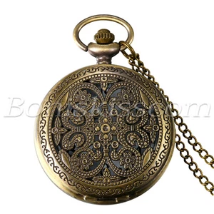 Vintage Retro Bronze Caved Pattern Half Hunter Quartz Pocket Watch Sweater Chain - Picture 1 of 4