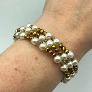 Wrap Bangle Bracelet Faux Pearl & Bronze Tone Beads Party Retro Festival Boho - Picture 1 of 10