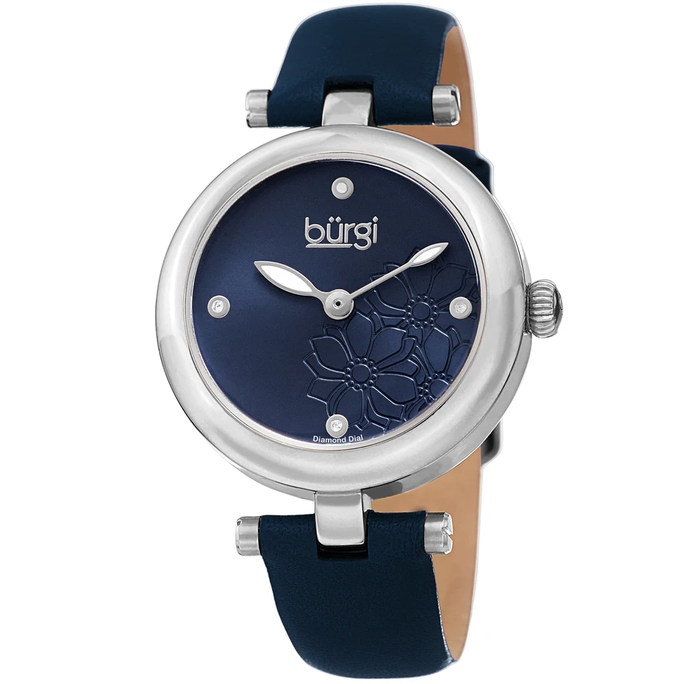 Relógio feminino Burgi BUR197BU marcador de diamante mostrador floral pulseira de couro prata azul - Imagem 1 de 1