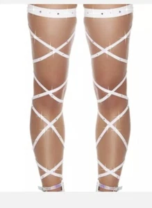 White tie up leg Wrap Around Bandage thigh high bands Laces sparkle rhinestone - Picture 1 of 6