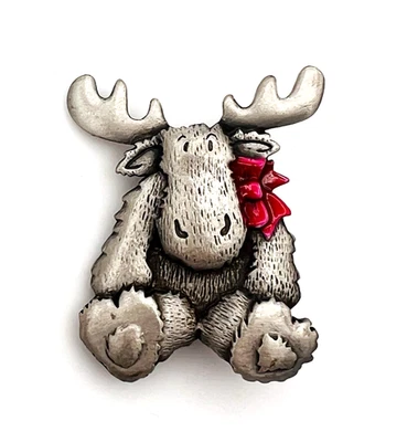 Signed JJ Jonette Pewter Christmas Moose Red Enamel Bow Brooch Pin - Image 1 of 4